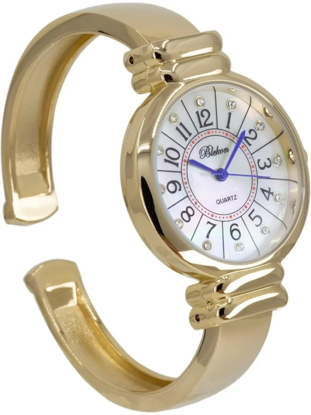 Women's Gold And Blue Hands Analog Quartz Metal hinged Pearl Cuff Bracelet Watch